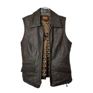 NEW Harkila Brown Leather Hunting Vest Pockets Full Zip Moto Jacket Mens S
